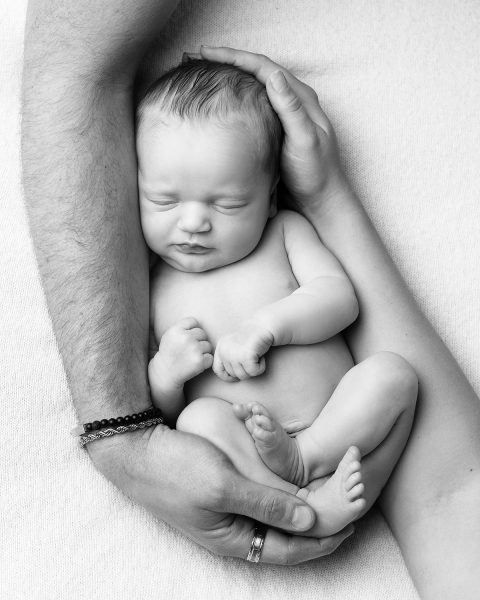 nyföddfotografering med mammas och pappas händer runt sig